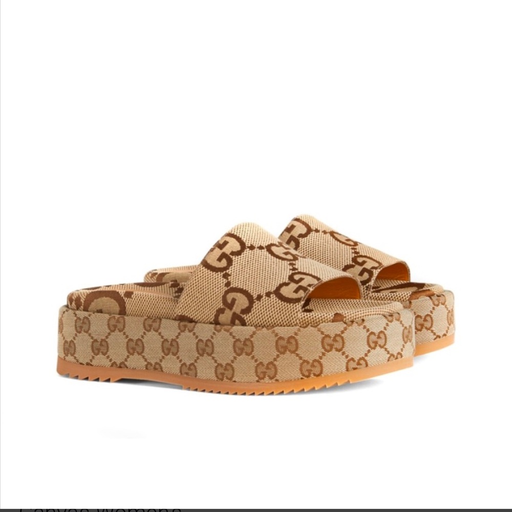 AUTHENTIC GUCCI Angelina Platform 55mm Sandal Camel Canvas Women's size 7 - Picture 4 of 6